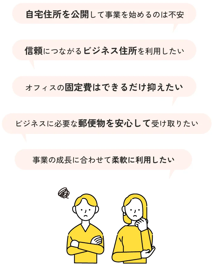 自宅住所を公開して事業を始めるのは不安／信頼につながるビジネス住所を利用したい／オフィスの固定費はできるだけ抑えたい／ビジネスに必要な郵便物を安心して受け取りたい／事業の成長に合わせて柔軟に利用したい