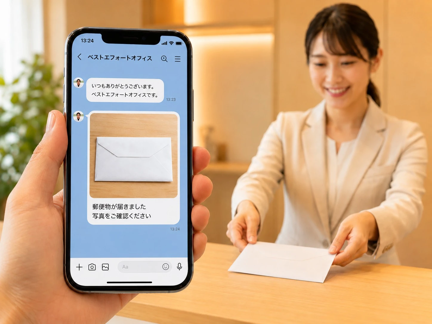 受付スタッフが郵便物を手渡し、公式LINEで写真通知する様子